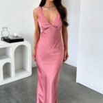Delayne V-Neck Satin Midi Dress - Rose