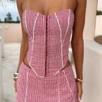 Dottie Strapless Lace-Up Top - Red Gingham