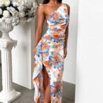 Elianna One Shoulder Satin Maxi Dress - Blue Floral