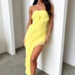 Jadore Strapless Ruffle Midi Dress - Yellow