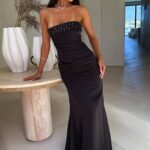 Ophelia Strapless Embellished Satin Maxi Dress - Black