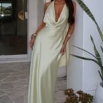 Zealand Plunge Halter Satin Maxi Dress - Yellow